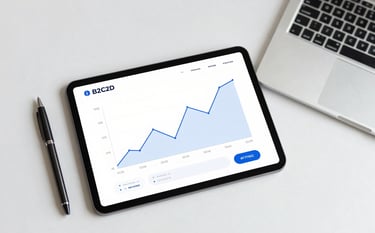 A top-down view of a clean workspace featuring a tablet showing financial growth charts, a pen, and a laptop. The aesthetic is modern and responsive, utilizing the #B2C2D1 and #F7F9FC brand colors for a trustworthy feel.