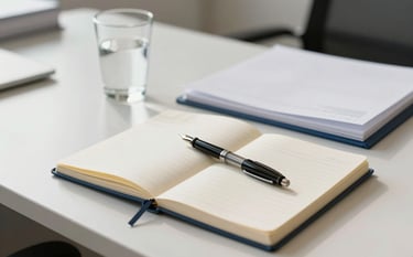 A close-up photograph of a professional office desk in a bright Lisbon building, featuring a clean notepad with a fountain pen, a glass of water, and organized white folders. The lighting is soft and natural, emphasizing a productive morning atmosphere in a European / Portuguese professional setting. The palette features off-white and muted blue accents.