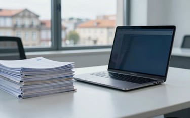 Professional photography of a modern administrative office in Porto. A high-end laptop is open next to a stack of neatly bound business reports. In the background, a blurred view of classic European / Portuguese architecture is visible through the window. The style is clean and trustworthy, with light blue and dark navy tones.
