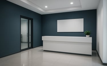 A wide-angle photography of a clean, minimalist Pakistani office reception area in Islamabad, polished floors reflecting soft light, modern professional signage, a sense of trust and efficiency, slate blue and white palette.