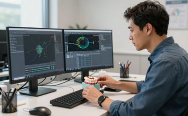 A design engineer in a professional North American office using sophisticated CAD software to model a complex dental assembly. Innovative, clean workspace, soft natural light, slate blue and off-white accents.
