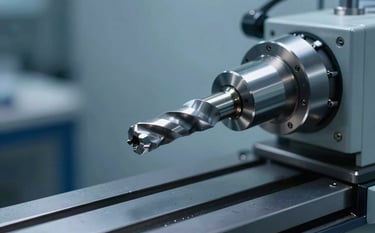 A sharp, high-magnification photograph of a precision dental drill bit being manufactured on a computer-controlled lathe in a North American factory. Metallic sheen with soft slate blue lighting, high-tech industrial environment.