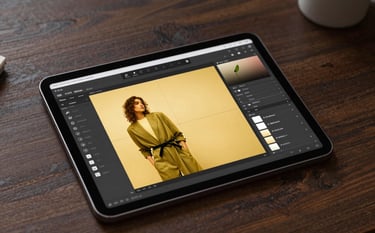 A professional designer's tablet on a dark wooden desk, showing an advanced photo editing app with gold-toned filter presets and sophisticated AI tools. Soft ambient lighting creates a professional workspace atmosphere. Palette: #1C1C1C, #D4AF37.