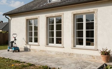 A wide shot of a clean stone terrace and large sparkling windows of a house in a Central European / French village. Professional cleaning gear is subtly present. The lighting is bright and crisp, highlighting a job well done.