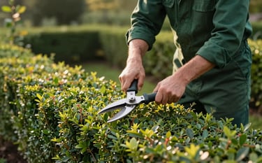 A professional gardener in deep forest green clothing pruning a healthy green hedge in a Central European / French garden. The sun creates a soft amber glow on the foliage. The tools are clean and high-quality, reflecting professional care.