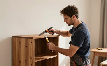 A professional handyman in a Central European / French home, carefully assembling a wooden cabinet with modern tools. The scene is bathed in warm natural light, highlighting soft off-white walls and warm earth brown furniture. The atmosphere is calm and trustworthy.