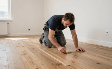 Professional home renovation scene in a Northern European house. A bright, open space with freshly plastered white walls and a craftsman laying premium oak laminate flooring. Sleek, professional, and clean working environment showing precision.