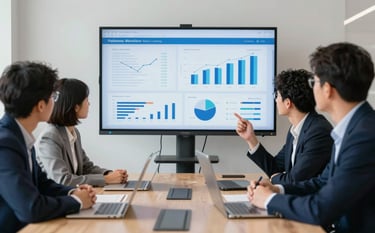 A collaborative team meeting in a North American tech hub. Marketing professionals discussing strategy around a large screen showing analytics. Natural lighting, medium blue and navy color palette, clean modern aesthetic.