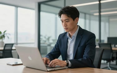 A professional North American marketing strategist working on a laptop in a bright, modern glass-walled office. Soft morning light, sophisticated setting, with dark blue and light grey accents in the interior decor.