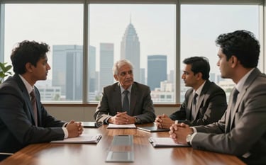 A bright boardroom with large glass windows showing a Bangalore skyline. Three South Asian professionals in formal attire are engaged in a strategic meeting around a wooden table. Lighting is warm and professional.