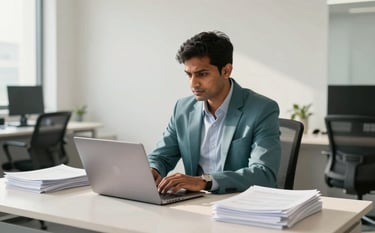 A focused South Asian professional in a modern, sunlit Mumbai office, wearing business attire, working on a sleek laptop surrounded by neat stacks of incorporation papers. The setting is clean and minimalist with tones of off-white and teal.