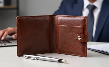 Professional setting featuring a high-quality leather folder and a silver fountain pen on a desk in a New Delhi corporate office. A South Asian male professional is partially visible in the background, out of focus, in a navy blue suit.