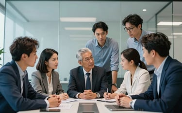 A diverse team of professionals in a sleek, glass-walled conference room with light blue and medium blue accents. They are collaborating over a high-tech project, looking empowered. Global / International.