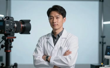 An expert professional standing in a high-tech studio environment with very light blue backlighting, looking confident and skilled. Professional photography. Global / International.