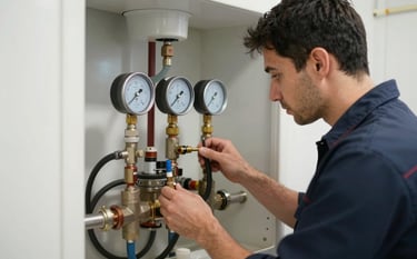 A specialist technician inspecting a central water heating system with professional gauges, Southern European / Turkish residential building basement, clean and well-lit environment, showcasing expertise and maintenance precision.