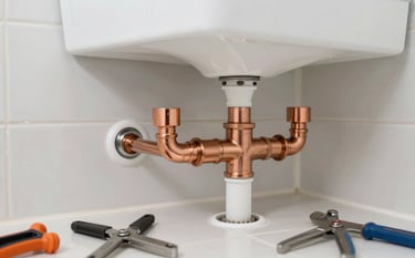 New copper and PVC plumbing pipes being professionally installed in a modern bathroom renovation, Southern European / Turkish style interior, high-quality workmanship, organized tools nearby, clean and bright composition.