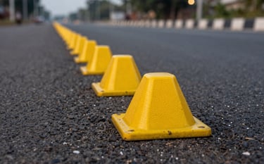 Close-up macro shot of yellow reflective road studs installed on a clean, dark asphalt road. The studs are catching the light from nearby street lamps in a South Asian Indian road setting. Shallow depth of field.