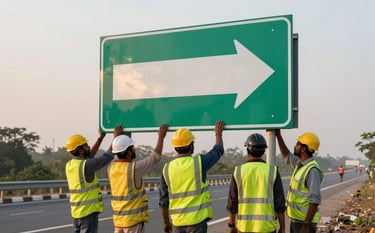 A group of workers in yellow safety vests and helmets installing a large green and white directional sign on a highway in India. Soft golden hour lighting illuminating the reflective surface of the sign board.