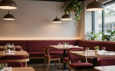 An inviting North American / US Scandinavian-style restaurant interior. Minimalist furniture, warm Deep Ripe Crimson accents, low-hanging pendant lights, and soft-focus greenery.