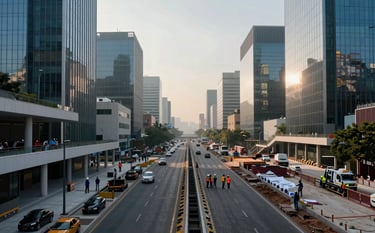 A high-end professional photograph of a large-scale urbanization project in Mexico City. The shot shows modern infrastructure development with clean lines, engineers in safety gear discussing plans near a new road, and a soft morning light reflecting off distant glass buildings. The palette features muted blue and soft steel tones.