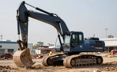 Professional action shot of heavy construction machinery on a North American / Mexican worksite. A modern excavator is positioned against a backdrop of a developing industrial zone. The lighting is crisp, emphasizing the power and reliability of the equipment. Colors: dark navy and muted blue.