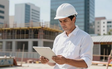 Clean, bright photograph of a construction supervisor overseeing a building site in a North American / Mexican urban area. The professional focus is on quality control and administration, with a background of a modern architectural structure under construction. Colors: ghost white and muted blue.