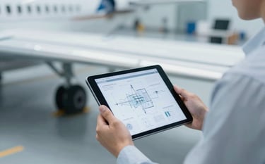 A close-up of a professional aeronautical engineer's hands holding a tablet displaying technical schematics, standing next to a sophisticated aircraft wing section. Clean, high-tech engineering environment with a #F2F4F7 and #8BAAC7 palette.