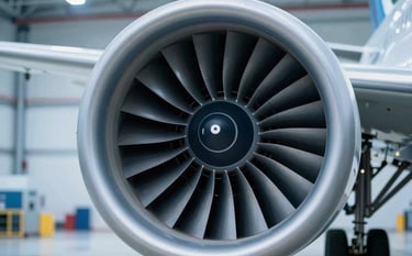 A high-precision close-up of a gleaming jet engine turbine, shot in a clean, modern hangar. The lighting is crisp and technological, highlighting metallic textures with subtle reflections of #8BAAC7 light blue and #2B4A6B deep tones. Professional bokeh background.