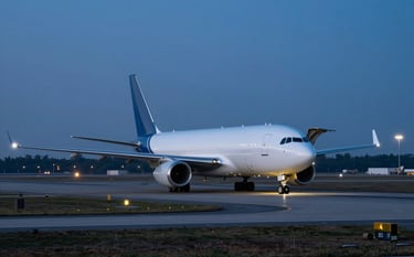 A wide-angle shot of a cargo aircraft being loaded on a tarmac at dusk. Cool evening tones dominate, with sharp white runway lights and deep #0A1C2B blue shadows. The scene communicates speed, precision, and reliable global logistics.