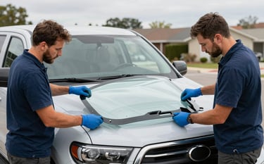A wide shot of two expert auto glass technicians carefully installing a large, clear new windshield onto a modern pickup truck in a North American / US suburban setting. Soft daylight, professional Atmosphere with Deep Navy and Sky Blue branding on their gear.