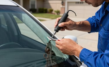 A close-up of a professional technician's hands using a specialized resin tool to repair a small chip on a vehicle's windshield. The car is parked in a sunny North American / US residential driveway. The technician is wearing a Steel Blue uniform.