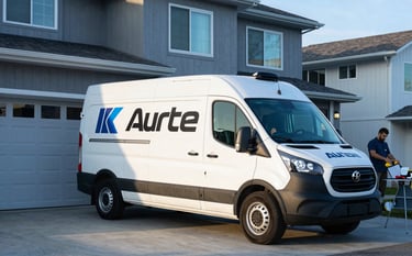 A clean, white mobile service van with professional auto glass branding parked in front of a modern North American / US house. A technician is seen at the back of the van preparing materials. Crisp morning light with hints of Ice Blue and Steel Blue in the environment.