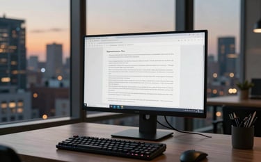 A stylish workspace in a South Asian urban apartment featuring a high-resolution monitor displaying English text, a mechanical keyboard, and a large window overlooking a city skyline at dusk with warm city lights. Professional and empowering vibe.