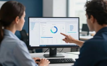 A professional Brazilian consultant pointing at a computer monitor showing a clean dashboard of performance metrics. The office is bright and modern, with a professional and trustworthy atmosphere. Accents of dark blue and medium blue are visible in the decor.