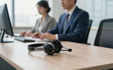 A professional South American corporate setting with high-quality communication headsets resting on a clean, modern desk. Soft morning light enters through large office windows. The scene features subtle accents of medium blue and light blue, conveying efficiency and modern expertise.