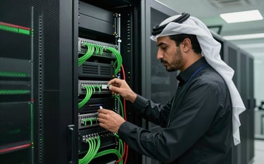 A high-tech server room in a modern office in the Middle Eastern / Gulf region. A professional IT specialist is inspecting structured cabling. The lighting is crisp with Matte Forest Green and Deep Ripe Crimson accents on the server racks.