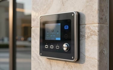 Close-up of a modern biometric access control panel mounted on a polished marble wall in a Middle Eastern / Gulf luxury commercial building. Soft sunlight reflects off the glass surface, highlighting a sophisticated security interface.