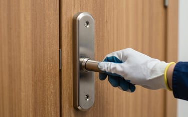 A close-up of a modern, high-security deadbolt lock being installed on a polished oak door. The lighting is bright and professional. The color palette features the steel of the lock and the warm wood tones, with a technician's hand wearing a professional glove visible. Clean, meticulous, and confidence-inspiring style.