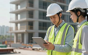 A professional photograph of a construction manager wearing a white hard hat and safety vest, reviewing plans on a digital tablet with a colleague on a sunlit, modern building site. Soft blue-grey and cool off-white tones dominate the scene.