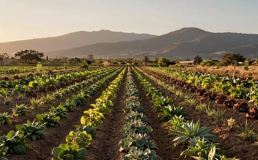 A panoramic professional shot of an organic farm in Nayarit, Mexico, during the golden hour. Rows of diverse crops stretch towards the horizon, framed by distant mountains. Earthy tones, professional landscape photography.
