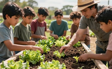 A group of students in a sunny North American / Mexican outdoor farm setting, gathered around a wooden raised garden bed filled with vibrant organic lettuce. An expert instructor in a straw hat is pointing to the dark, healthy soil. Warm natural lighting, focus on hands and plants.