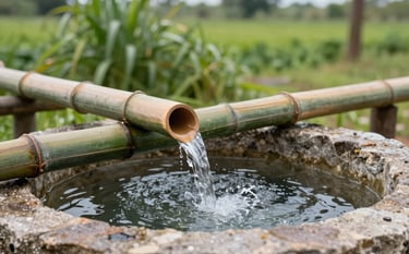 Close-up photography of a rainwater harvesting system in a North American / Mexican farm. Clean water flows through bamboo channels into a stone cistern. Background features lush green vegetation in soft focus, bright daylight.