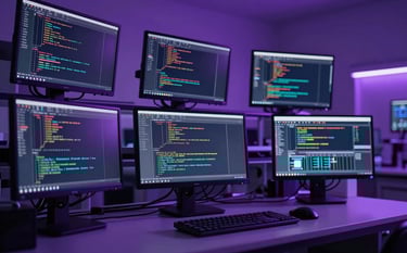 A high-tech laboratory environment in Lahore with multiple screens showing lines of code and data visualizations. The lighting is dominated by professional primary purple and dark shadows. High-quality cinematic photography.
