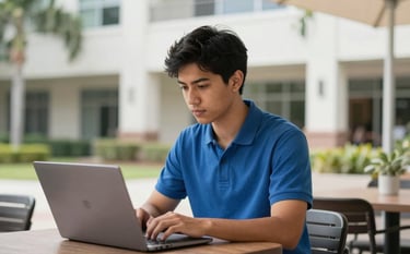 A responsible young adult student sitting in a North American / US / Florida outdoor cafe area near a college campus, working on a laptop with a focused expression. They wear a secondary blue shirt. The background shows soft white architecture and lush local greenery. Clean, modern, professional lifestyle photography.