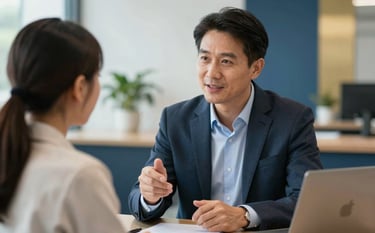 A mentorship scene in a professional North American / US / Florida office environment. An experienced professional is providing guidance to a young adult student. The scene is bright and encouraging, with subtle gold and deep blue accents in the background decor. Sharp focus, professional photography style.