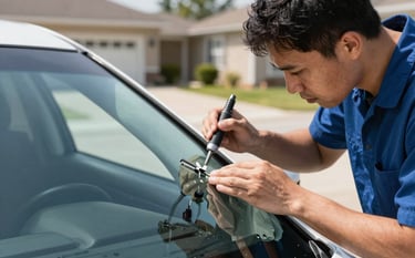 A professional mobile glass technician in a clean uniform using high-precision resin tools to repair a small chip on a car windshield. North American / US suburban driveway setting. Bright daylight, clear glass, professional and efficient atmosphere. Palette colors of Steel Blue and Sky Blue accents in the background.