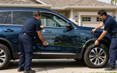 A side view of a modern SUV parked in a North American / US residential driveway. Two mobile technicians carefully lifting a brand new, clear windshield into place. Clean, professional attire. Bright outdoor lighting, high-contrast reflections on the glass. Palette colors of Dark Navy and Off-White Blue.