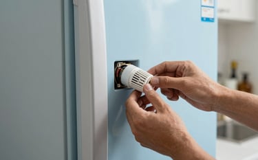 Close-up of a high-quality refrigerator repair in a modern Middle Eastern / Gulf kitchen setting. A professional's hand is visible adjusting a thermostat, with accents of soft sky blue and muted slate blue in the background kitchen equipment.