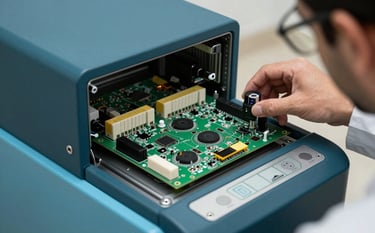 A detailed photographic shot of advanced diagnostic equipment testing a control board of a modern appliance. Professional atmosphere in a Middle Eastern / Gulf residential setting, featuring brand colors of deep charcoal teal and sky blue.