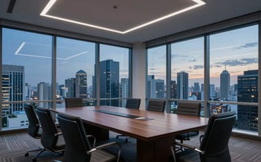 Wide-angle photograph of a sophisticated corporate boardroom in a South American skyscraper, large windows overlooking a city skyline at dusk, professional atmosphere with dark blue and slate tones.